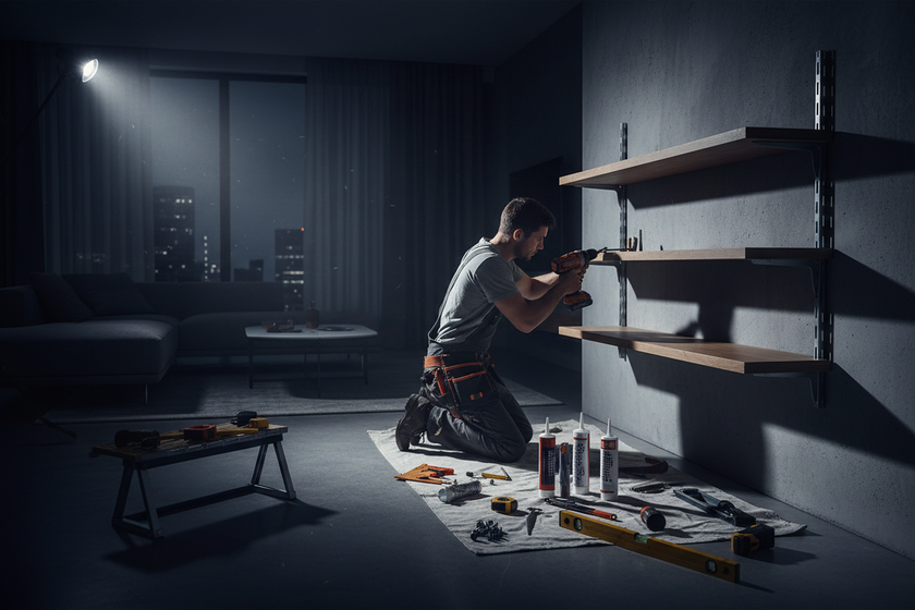 Person assembling shelves in a dark room with tools scattered on the floor.